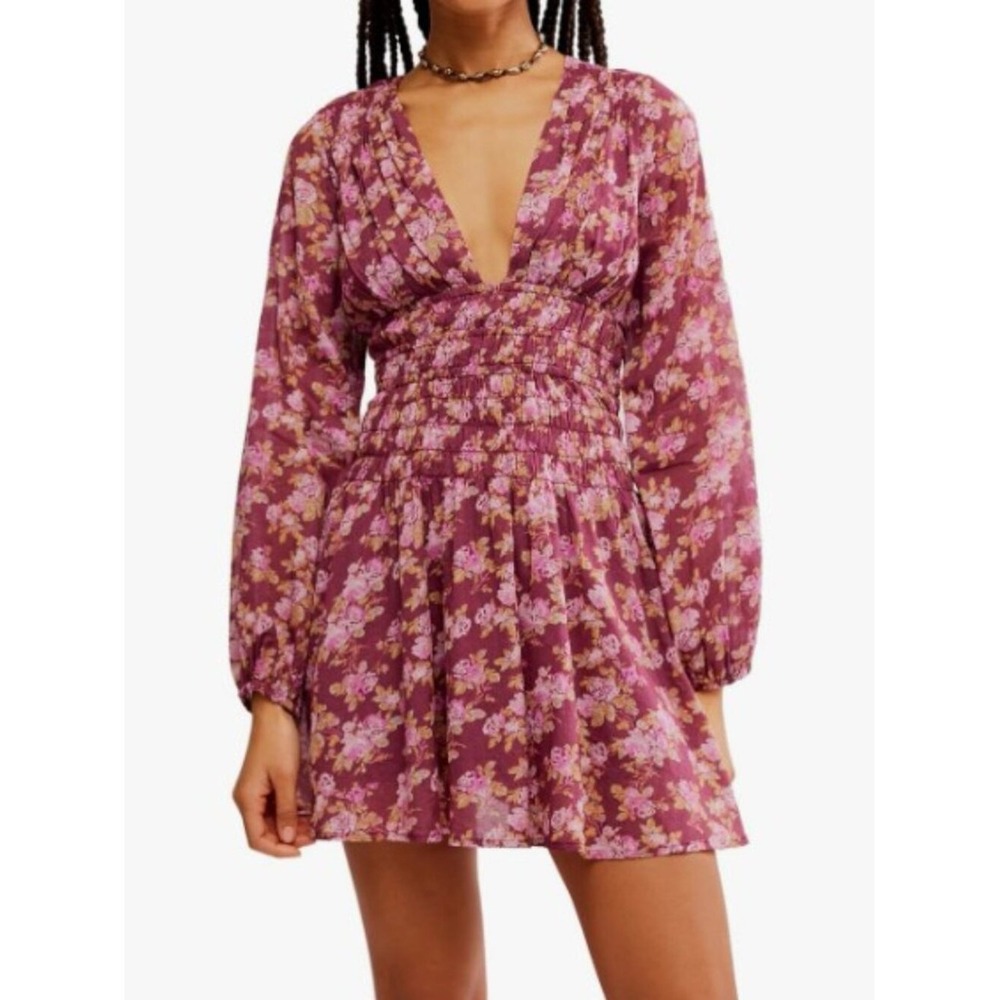 FREE PEOPLE XS Berry Combo Keep You‎ Mine Plunge Smocked Long Sleeve Mini Dress